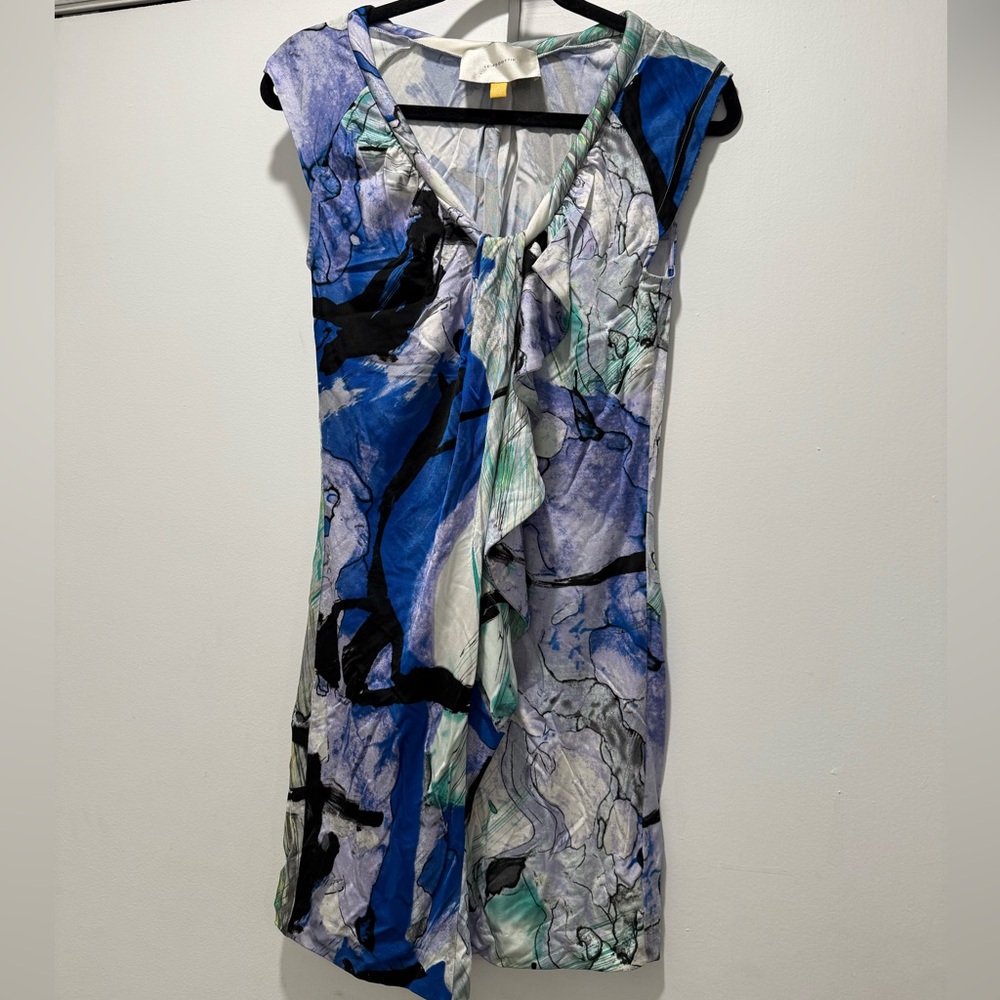 Leifsdottir Womens Watercolor Rolled Neck Stretch Cap Sleeve Mini Dress Size S